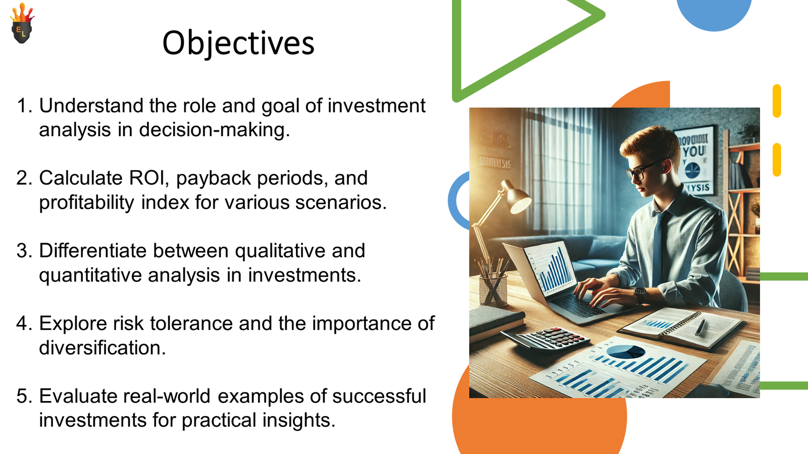 Investment analysis objectives slide with analyst at laptop