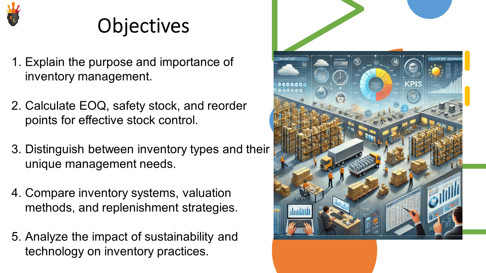 Inventory management objectives slide with warehouse illustration