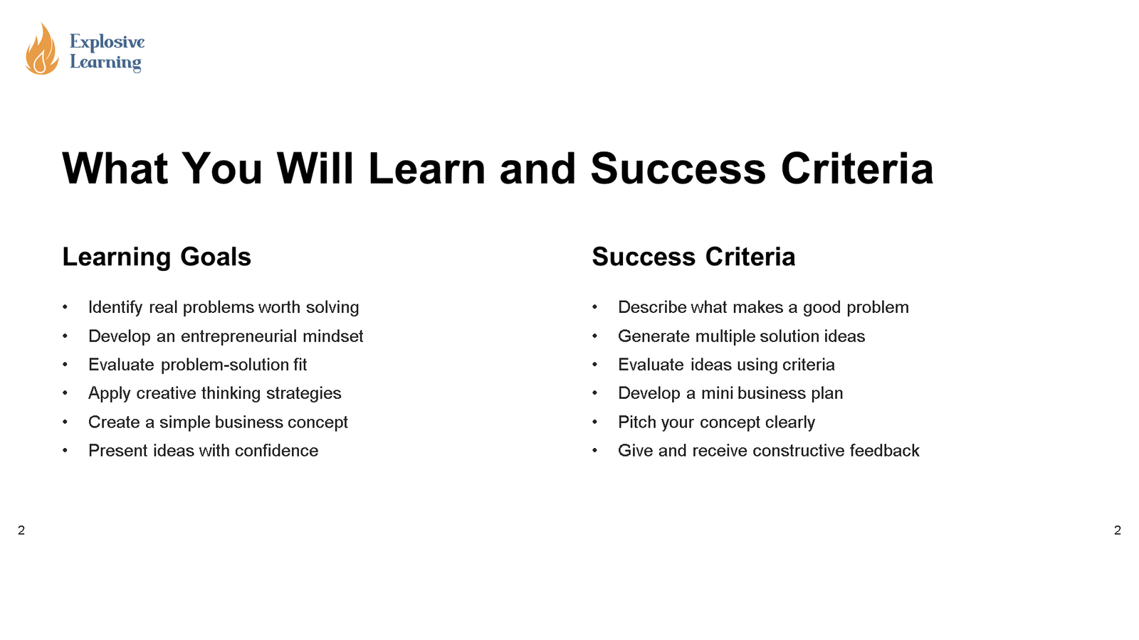 Learning goals and success criteria slide