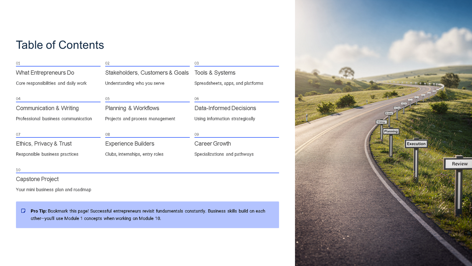 Winding road with business planning signposts