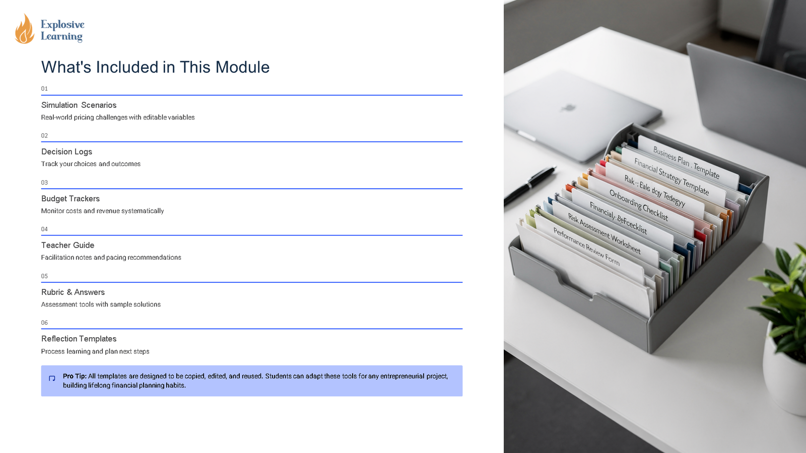 Module contents slide with organised document box