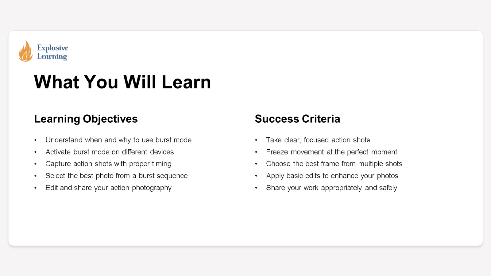 Photography learning objectives and success criteria slide