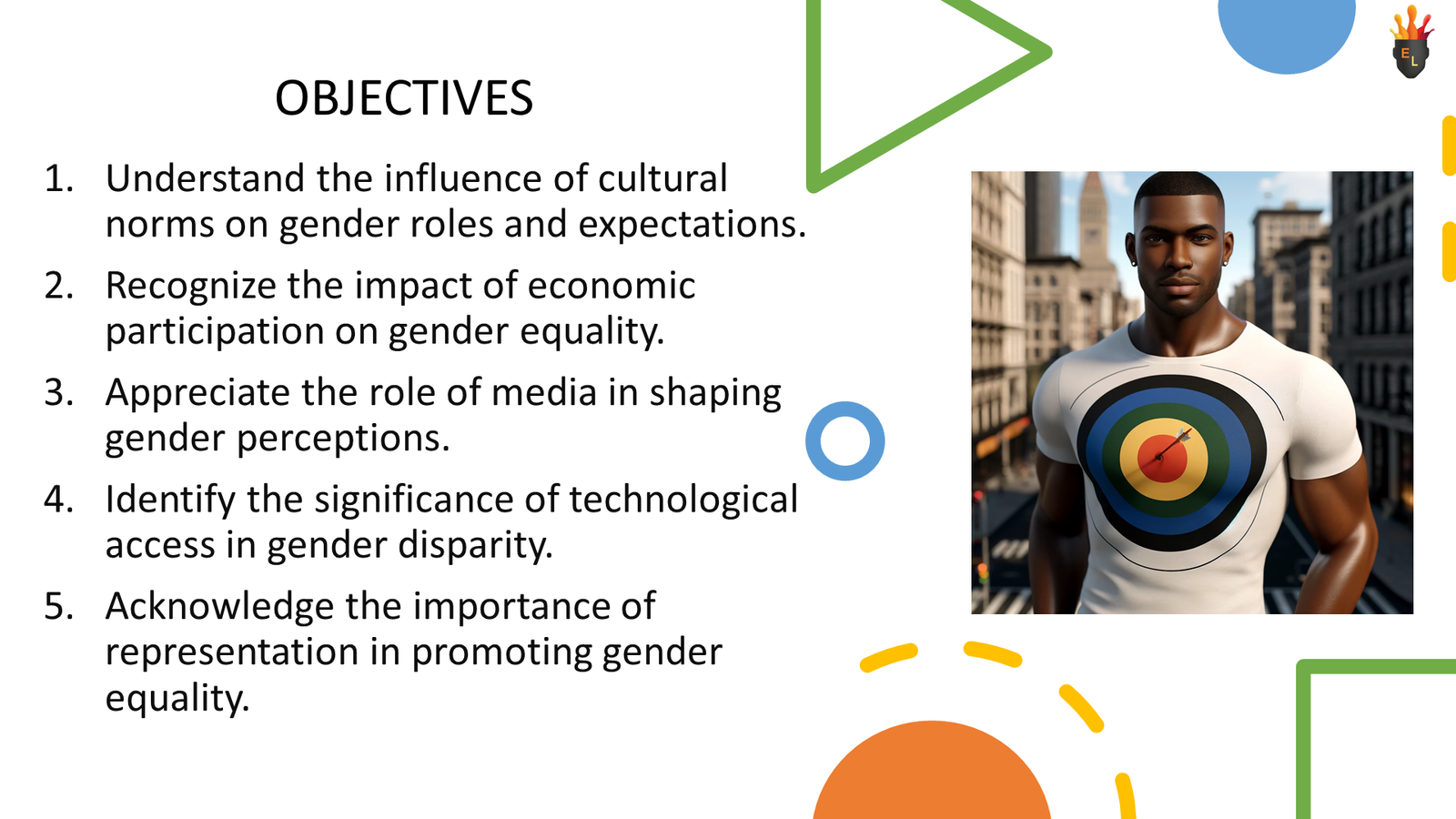 Presentation slide on gender equality objectives with target image