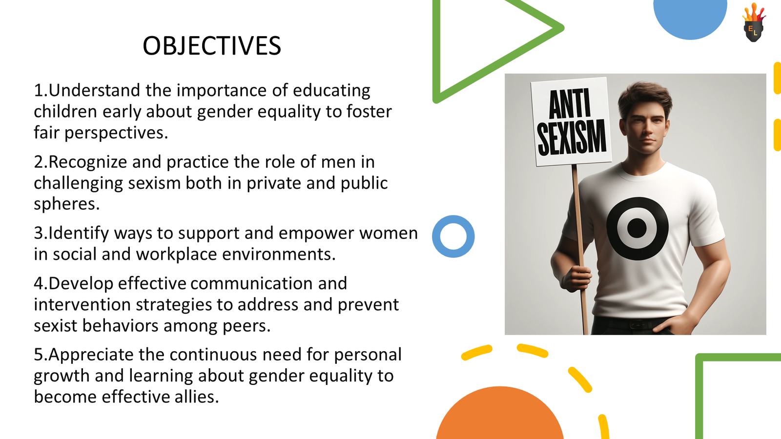 Man holding anti sexism sign beside objectives slide