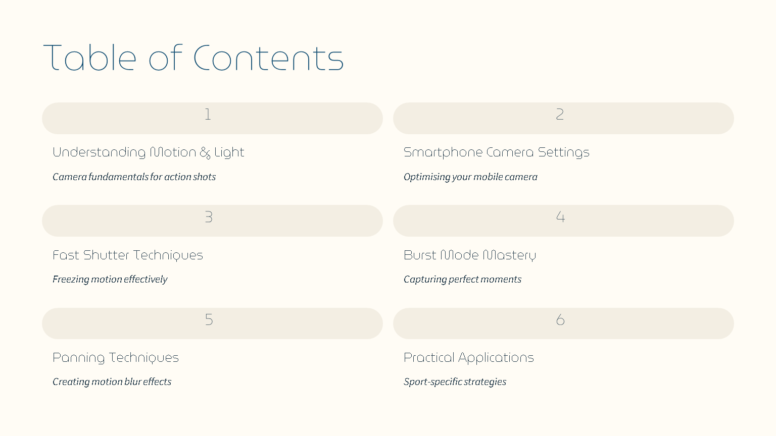 Photography guide table of contents page