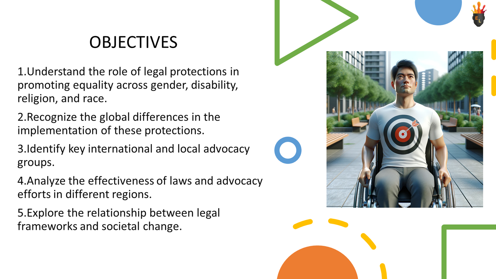 Presentation slide on equality objectives with wheelchair user