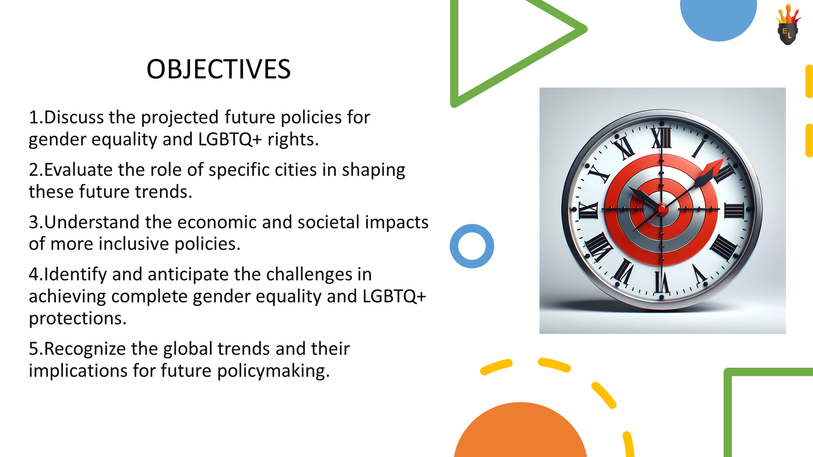 Presentation slide on gender equality objectives with target clock