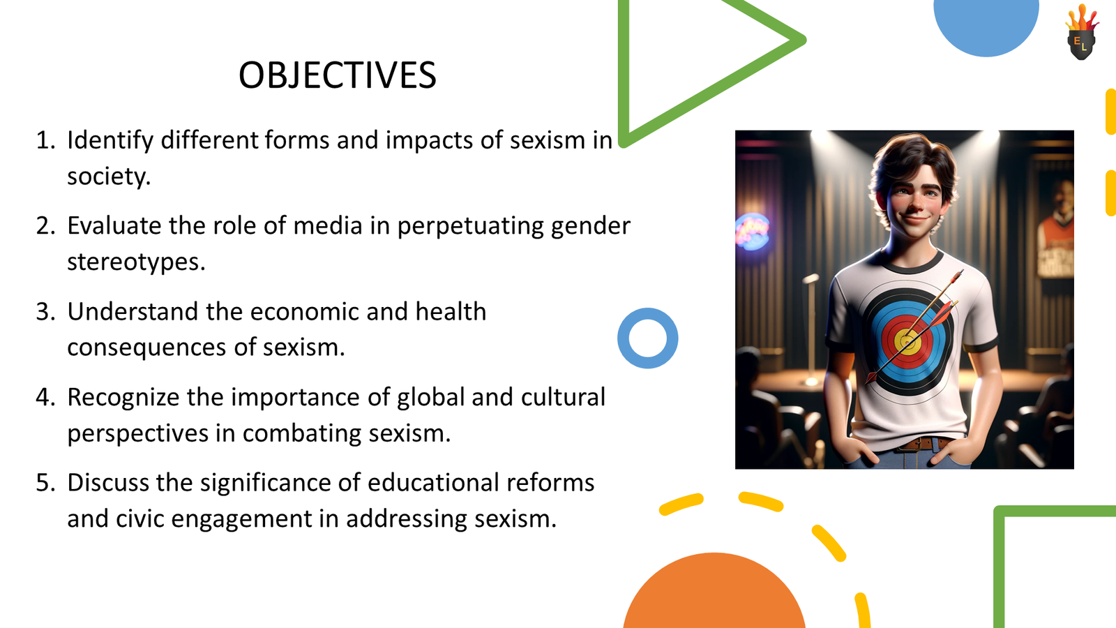 Presentation slide on sexism objectives with illustrated figure