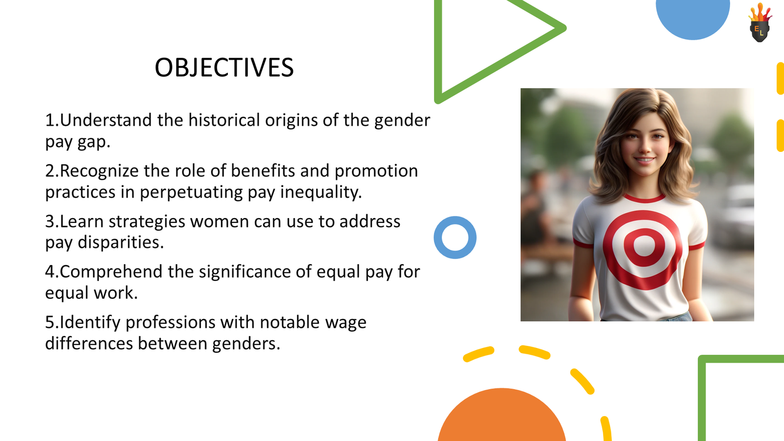 Presentation slide on gender pay gap objectives