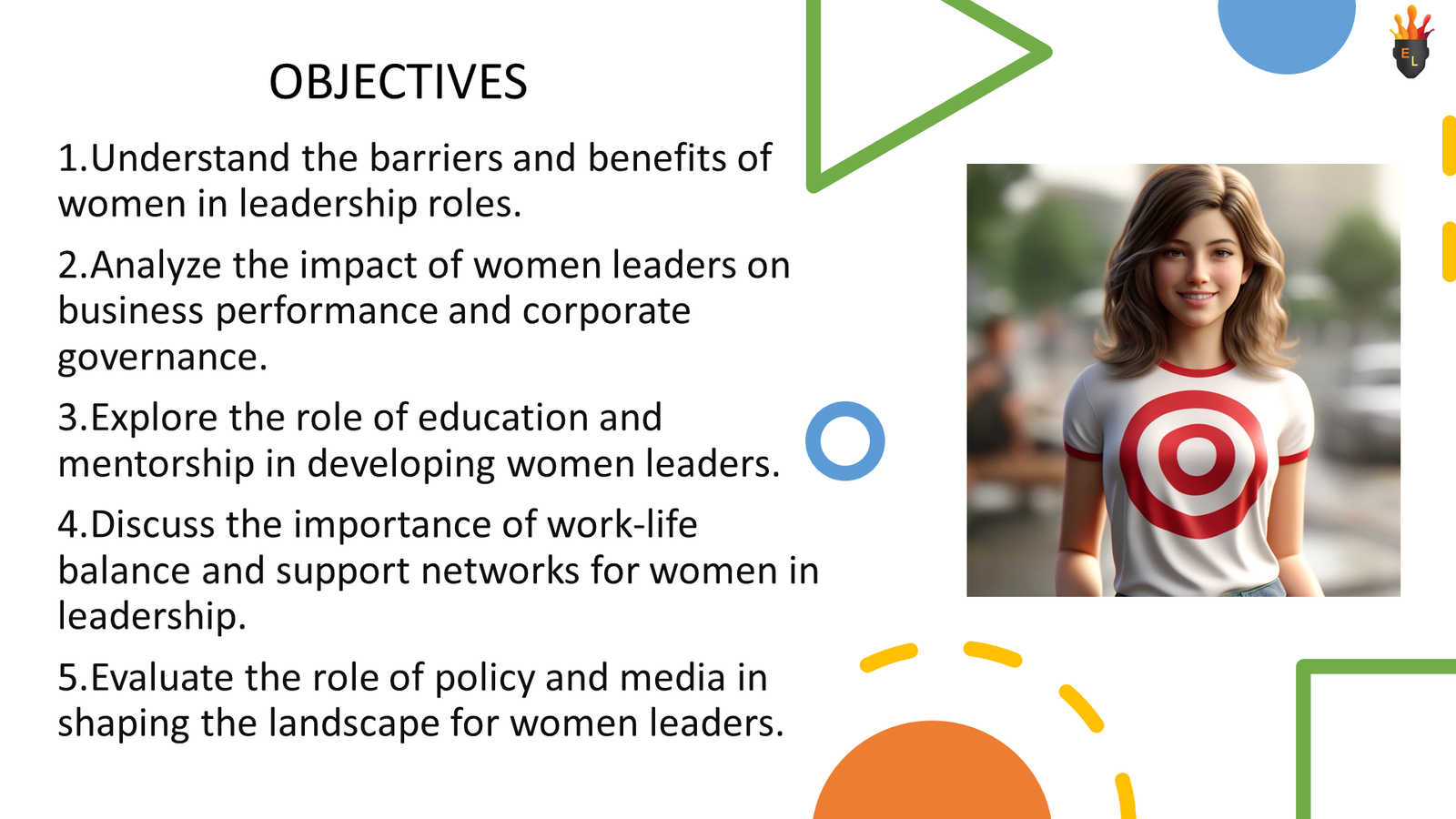 Presentation slide on women in leadership objectives