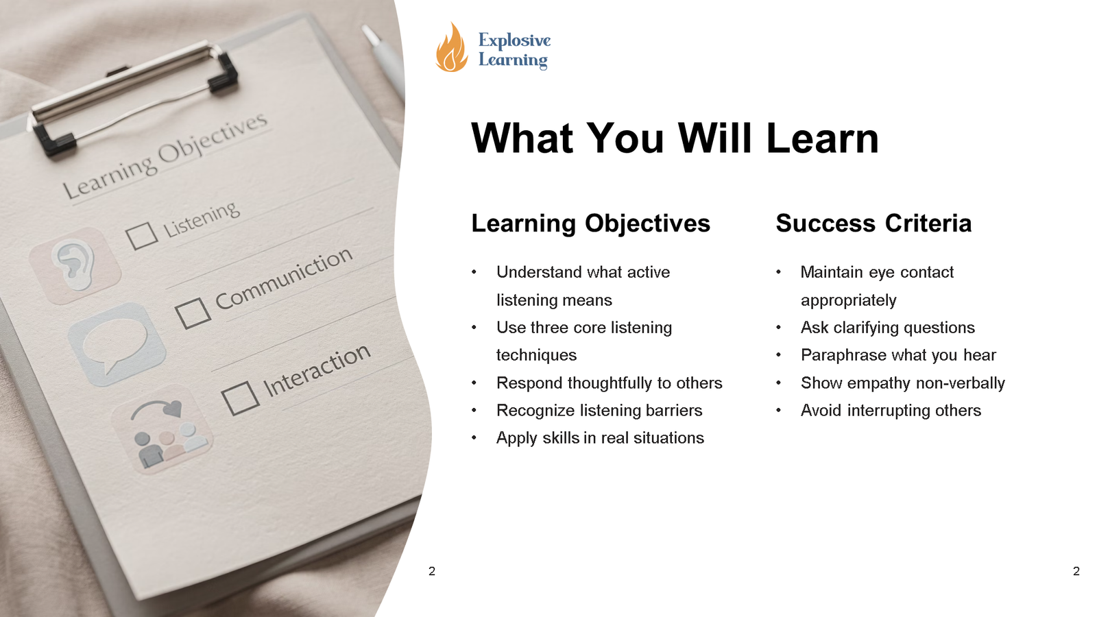 Slide outlining active listening learning objectives