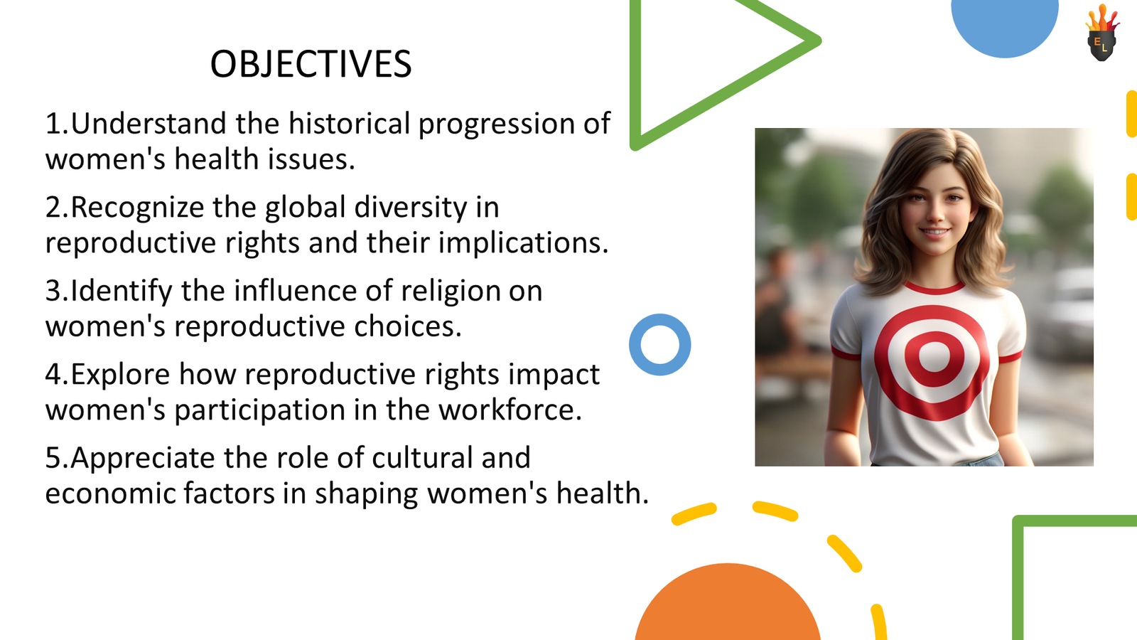 Presentation slide on women's health objectives