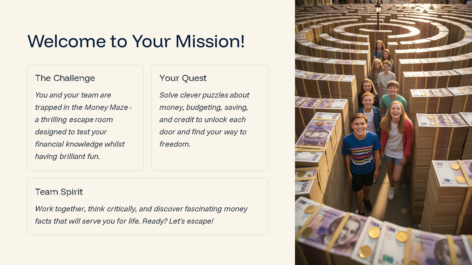 Children standing in maze made of stacked banknotes