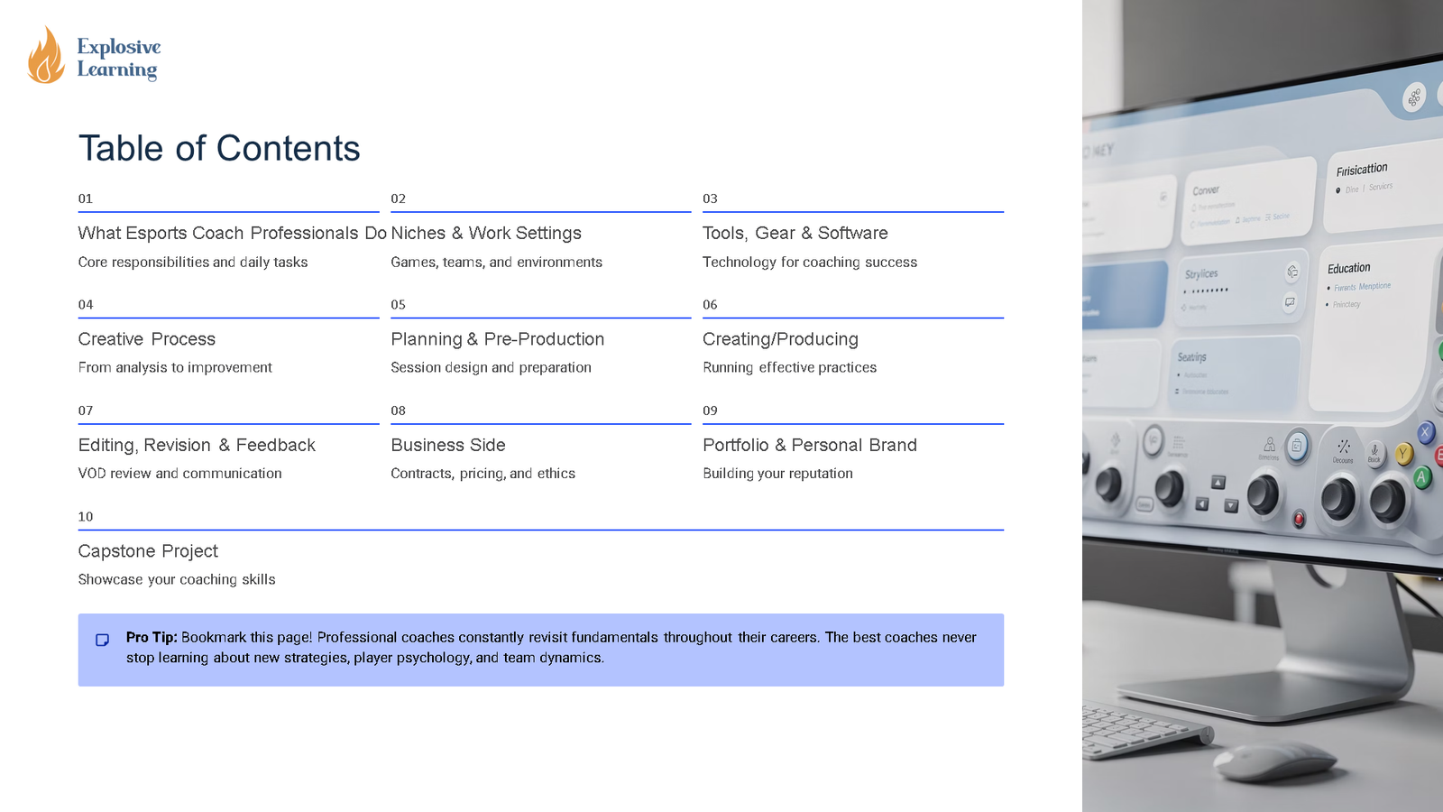 Esports coaching course table of contents slide