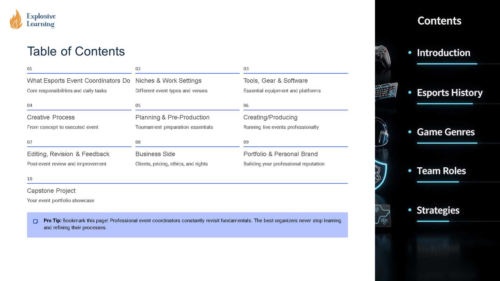 Esports event coordination table of contents slide