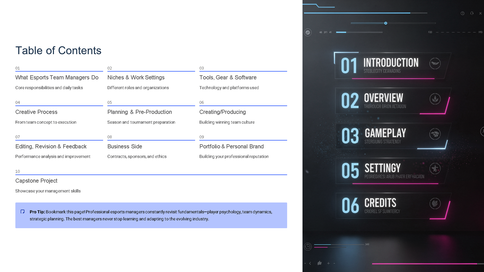 Esports guide table of contents and neon menu