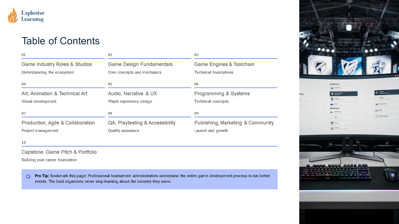 Game development course table of contents slide