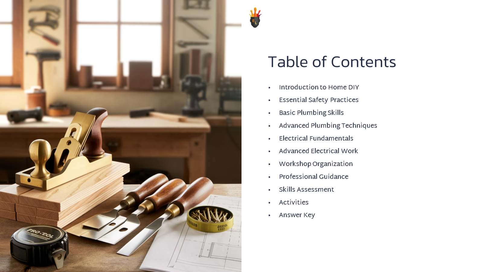 Woodworking tools beside home DIY table of contents