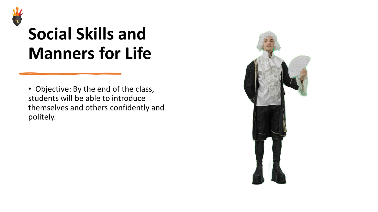 Presentation slide on social skills with costumed figure