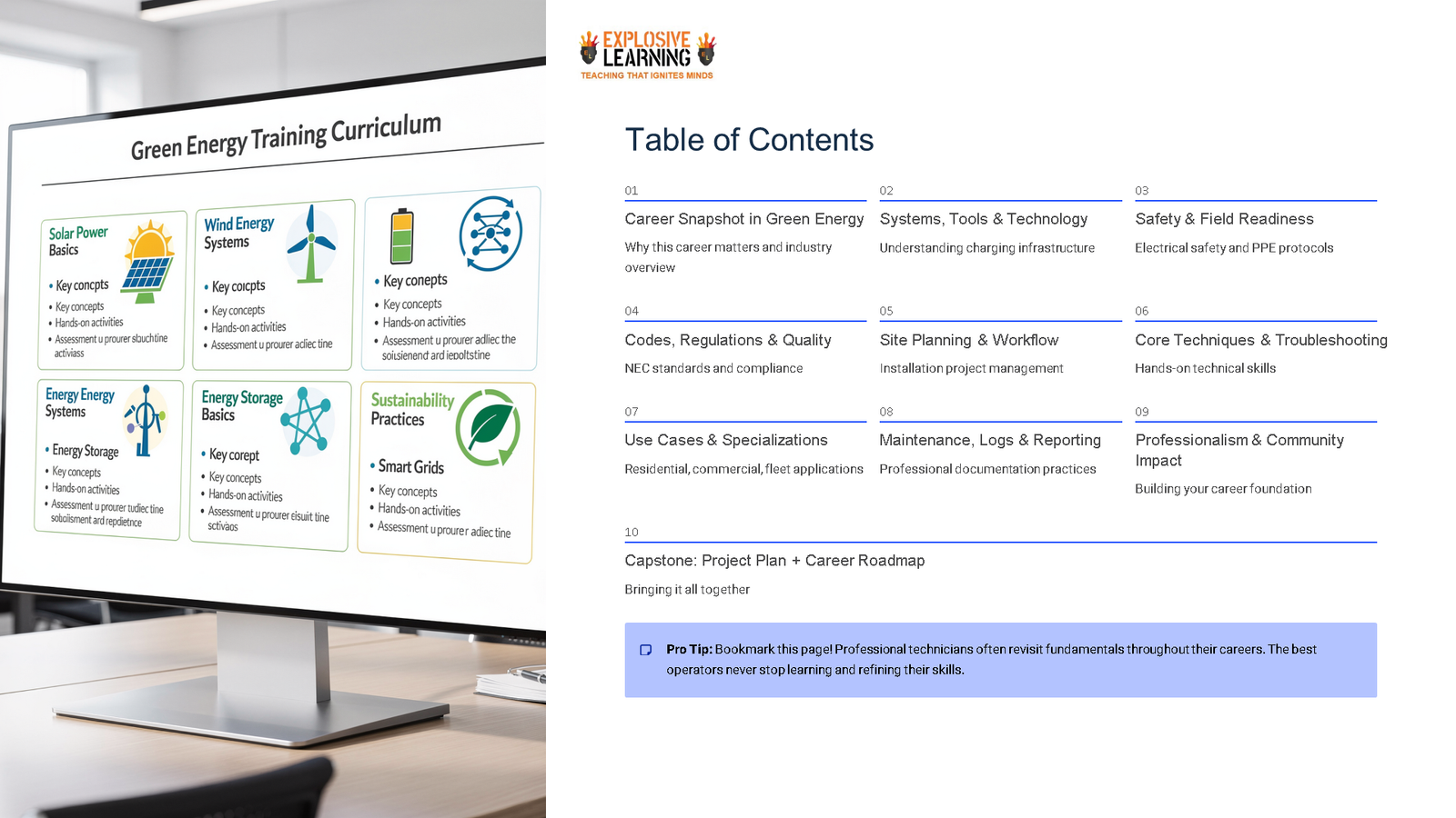 Green energy training curriculum on computer monitor