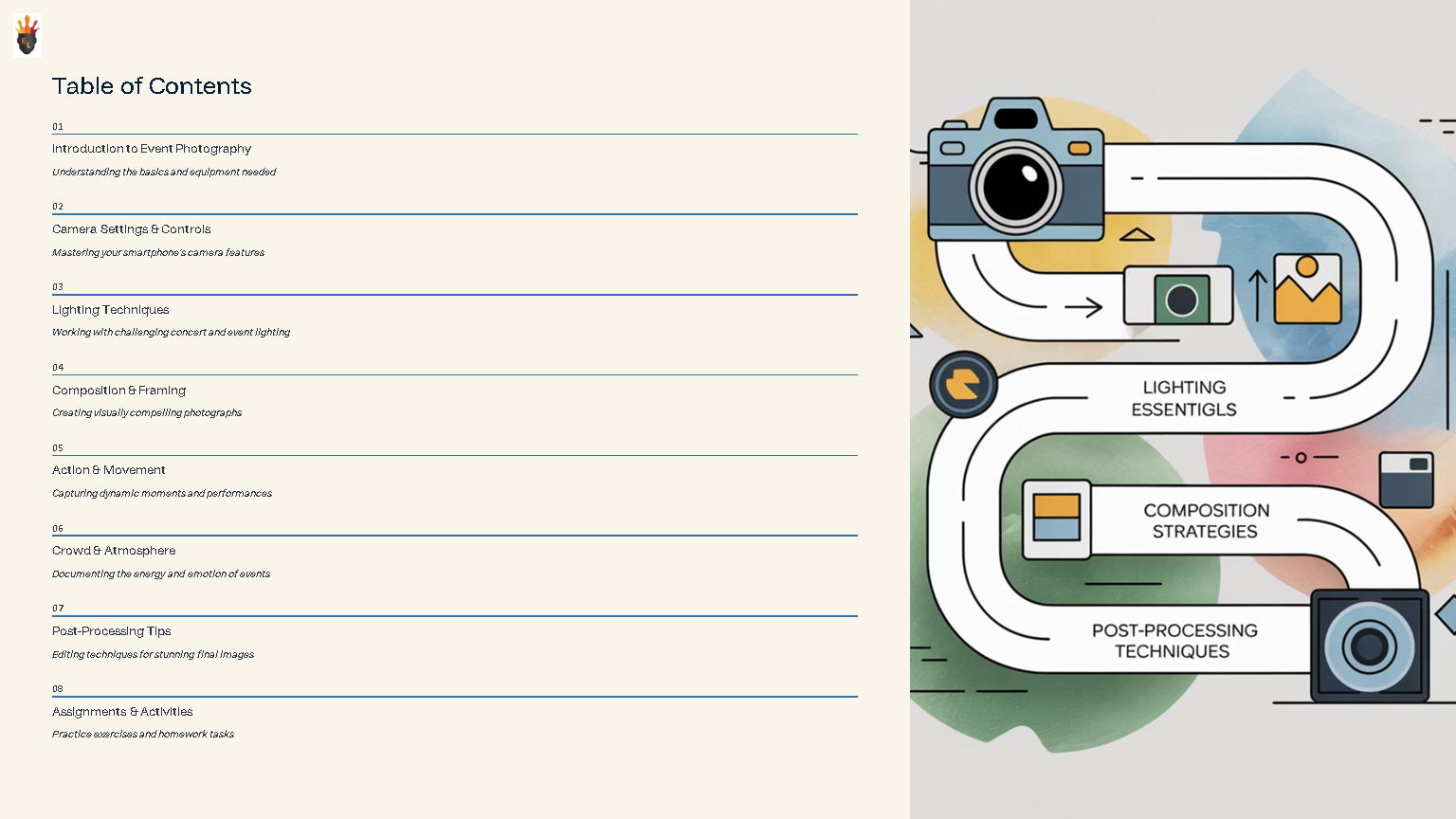 Event photography guide table of contents infographic