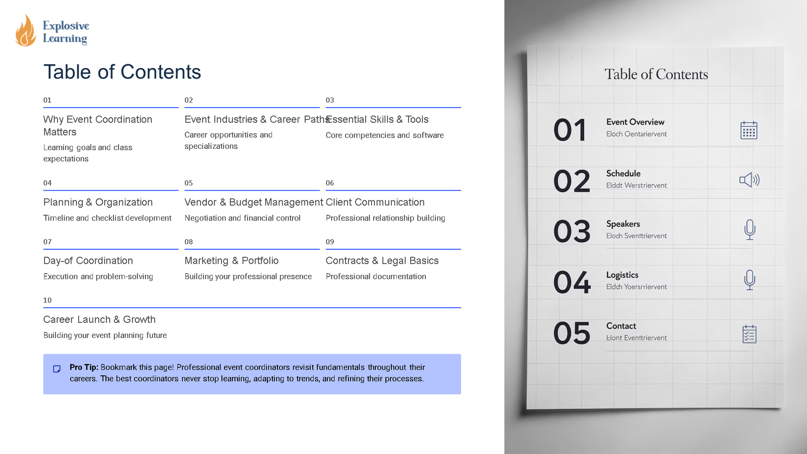Event planning course table of contents layout