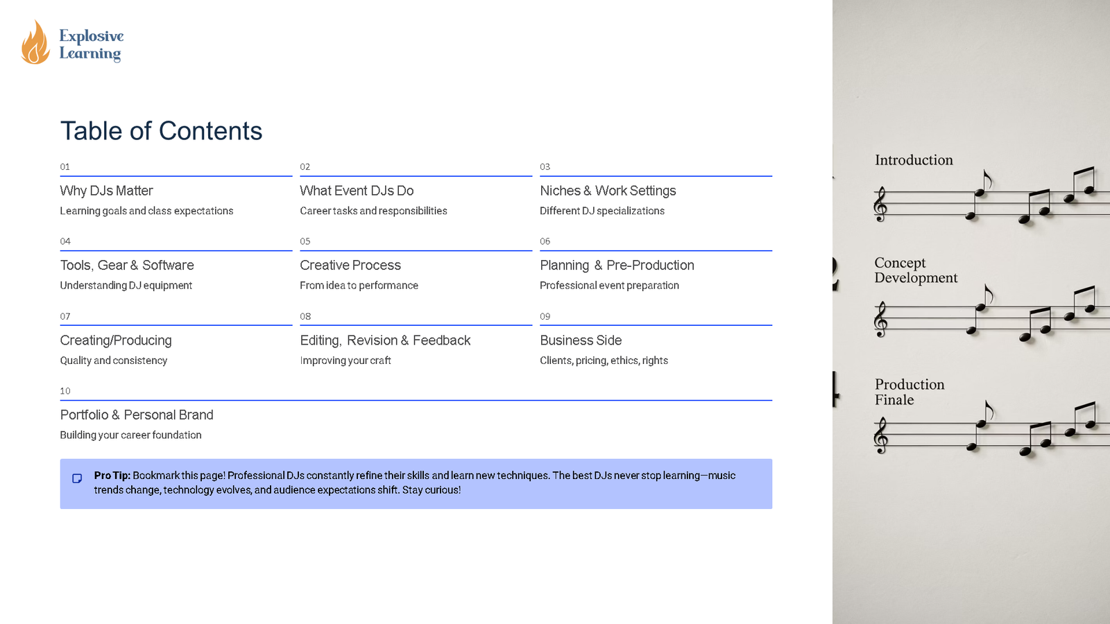 DJ course table of contents slide