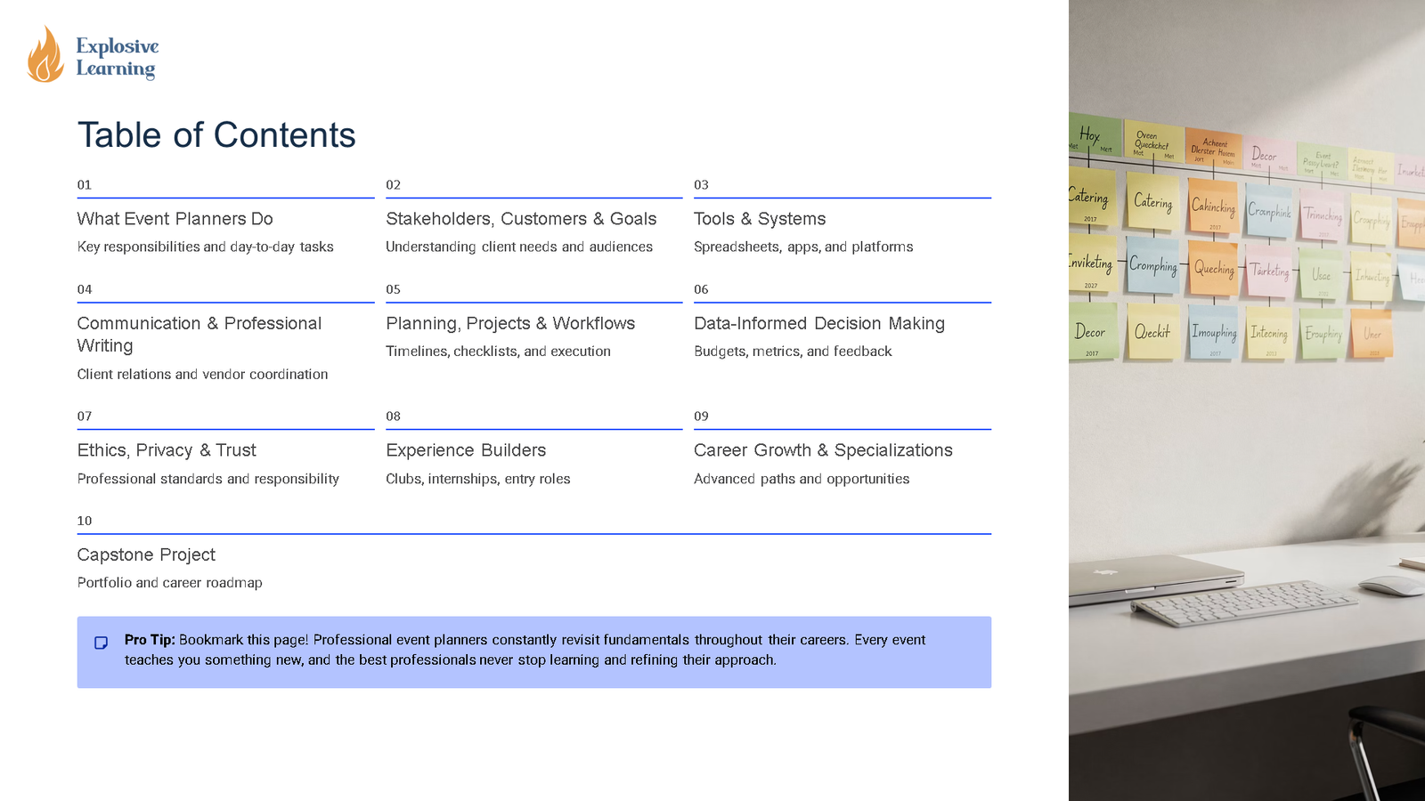Event planning course table of contents slide