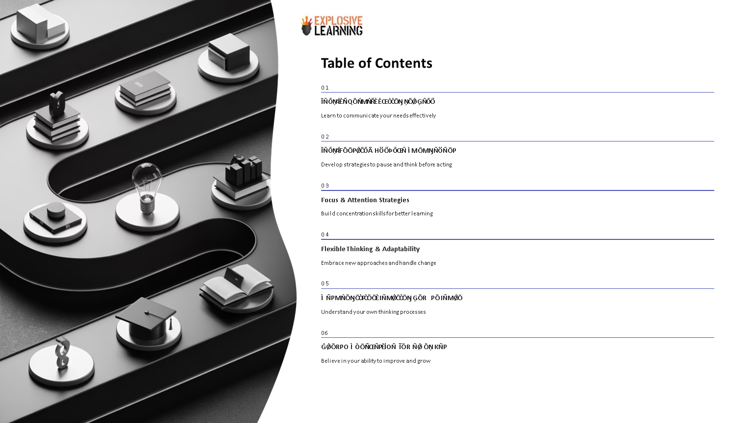 Explosive Learning table of contents with 3D education icons