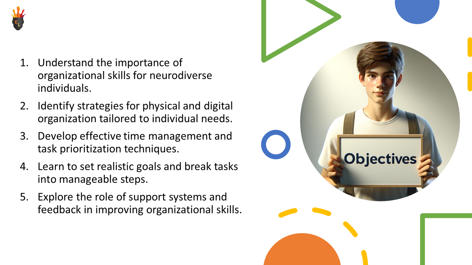 Learning objectives slide with student holding sign