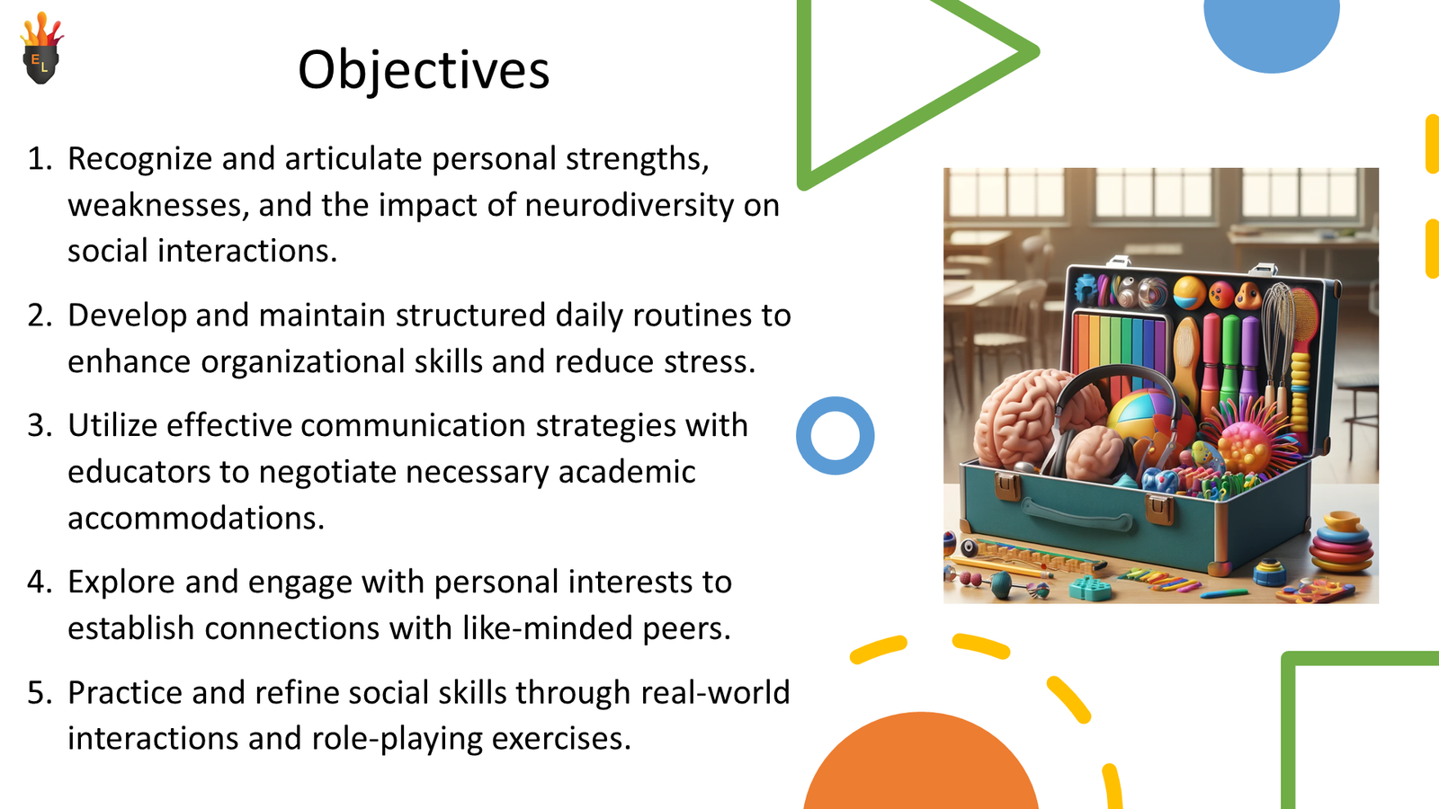 Presentation slide with objectives and neurodiversity toolkit image