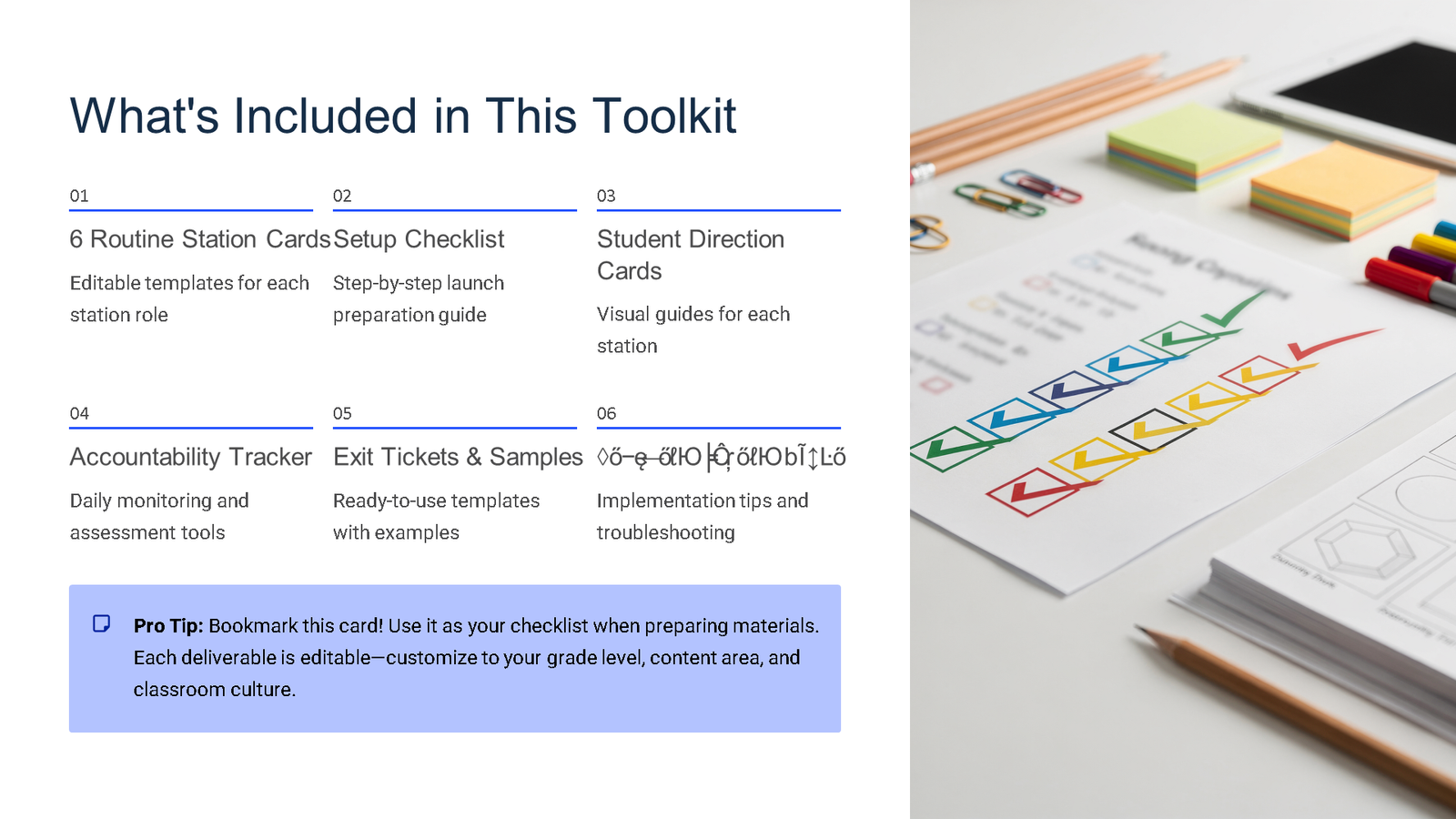 Toolkit contents slide with checklist and stationery