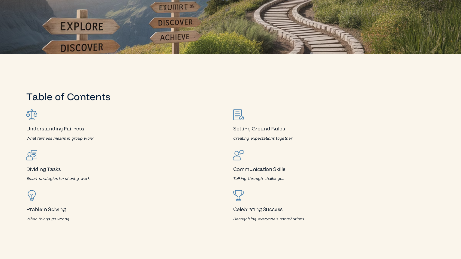 Table of contents with teamwork topics and signpost banner