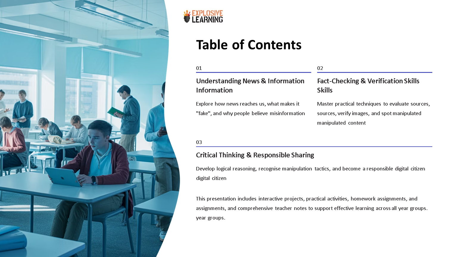 Classroom students with table of contents slide