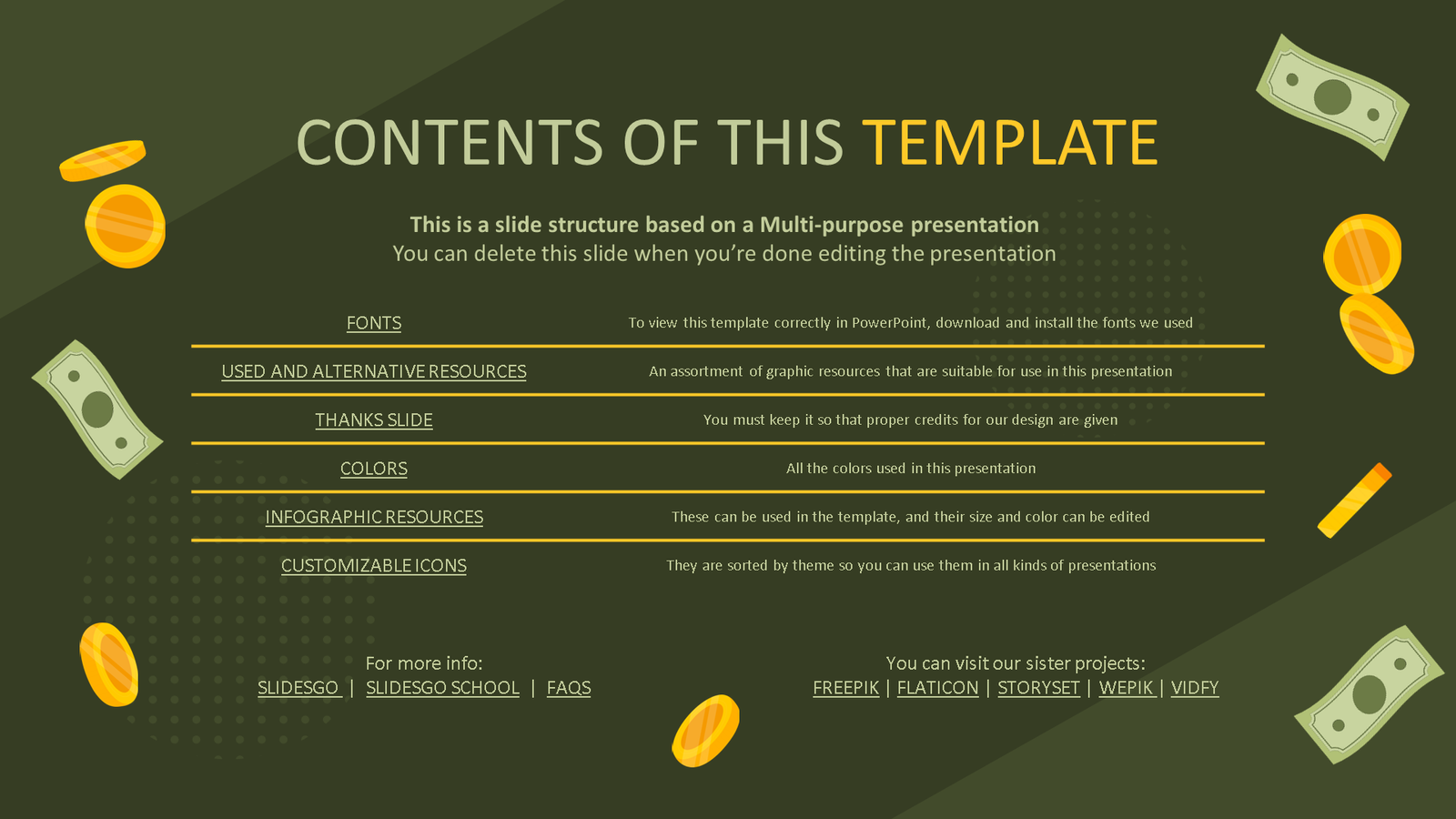 Green presentation template slide with finance-themed graphics
