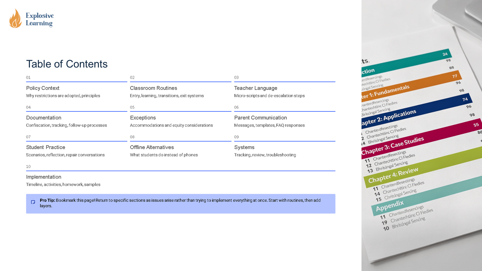 Education guide table of contents page layout