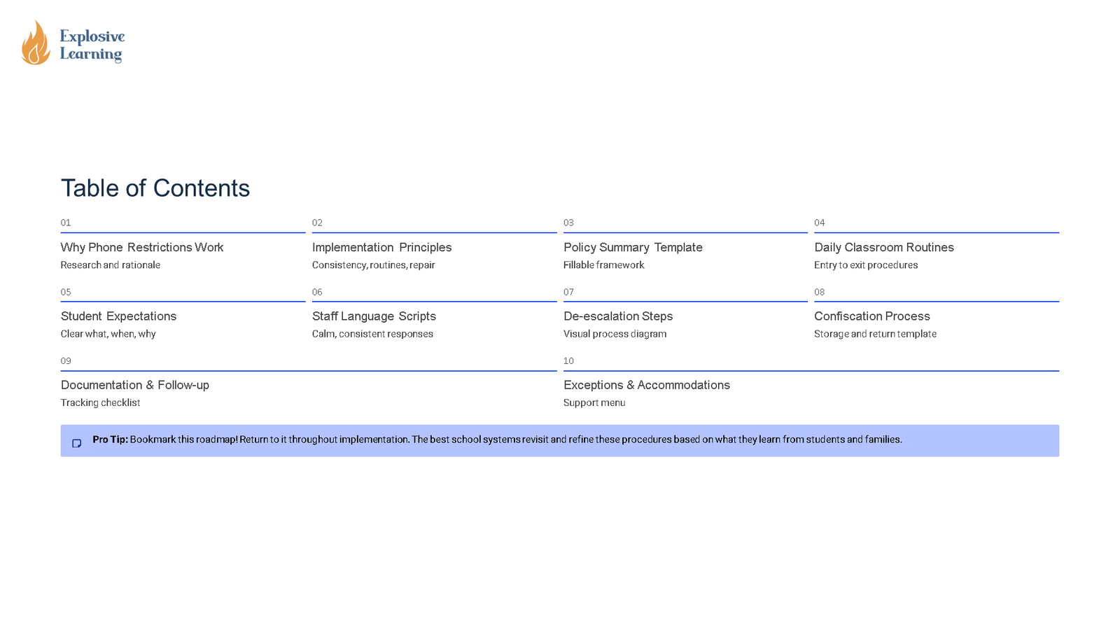 Table of contents for school phone policy guide