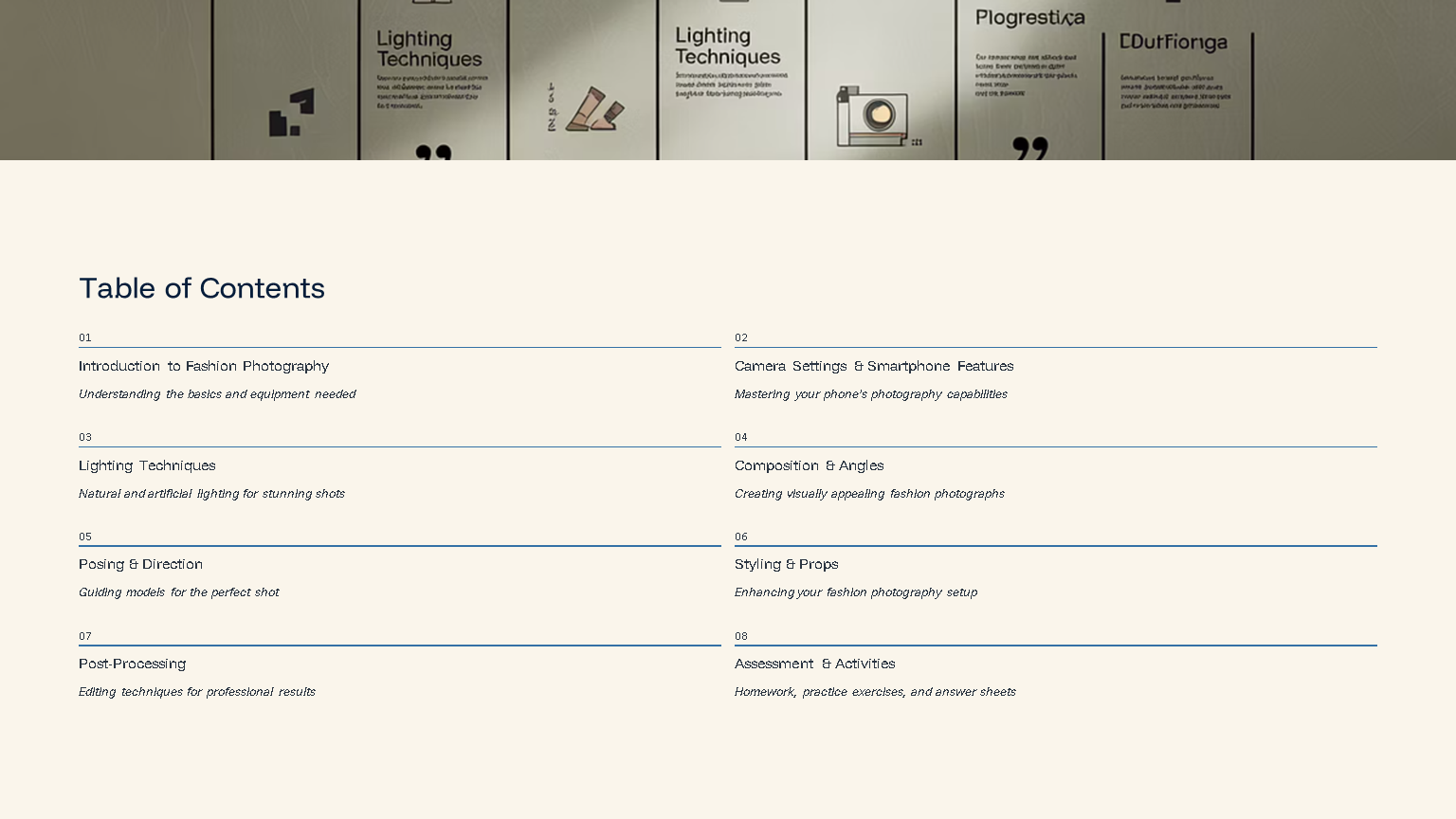 Fashion photography guide table of contents page