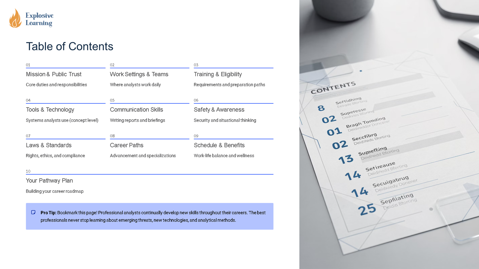 Presentation slide showing professional development table of contents