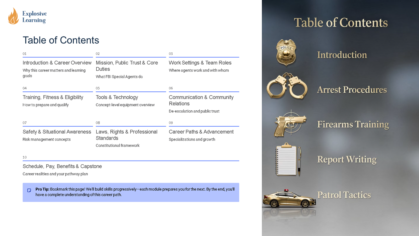 Law enforcement training table of contents pages
