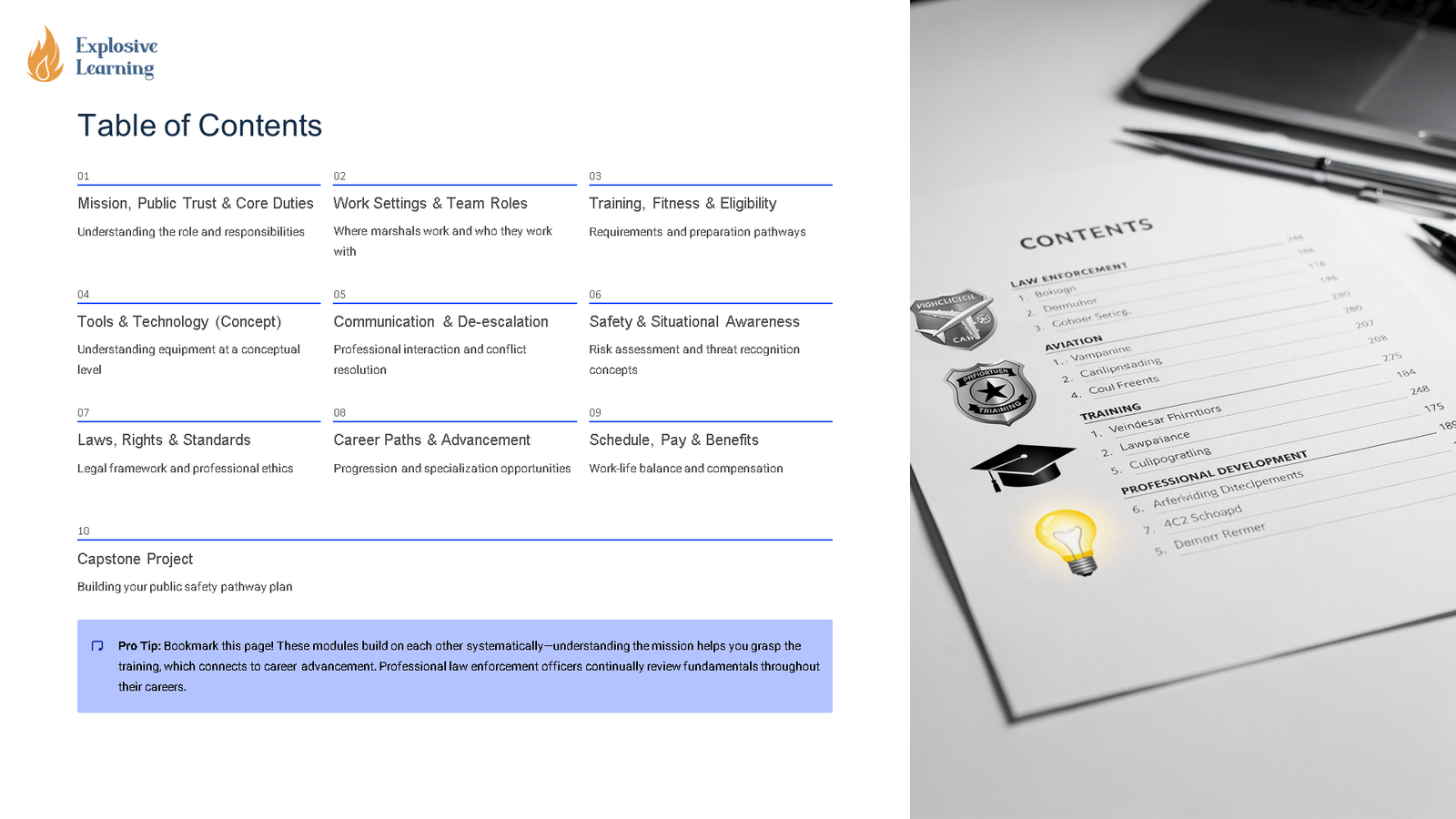Training course table of contents layout and document