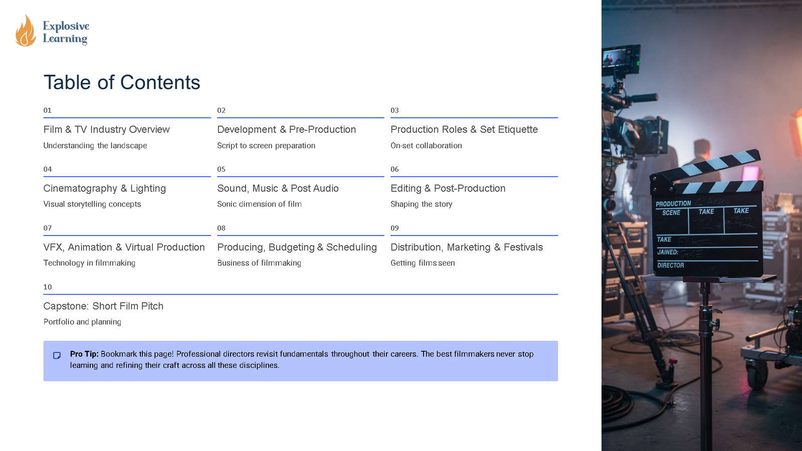 Film course table of contents with studio clapperboard