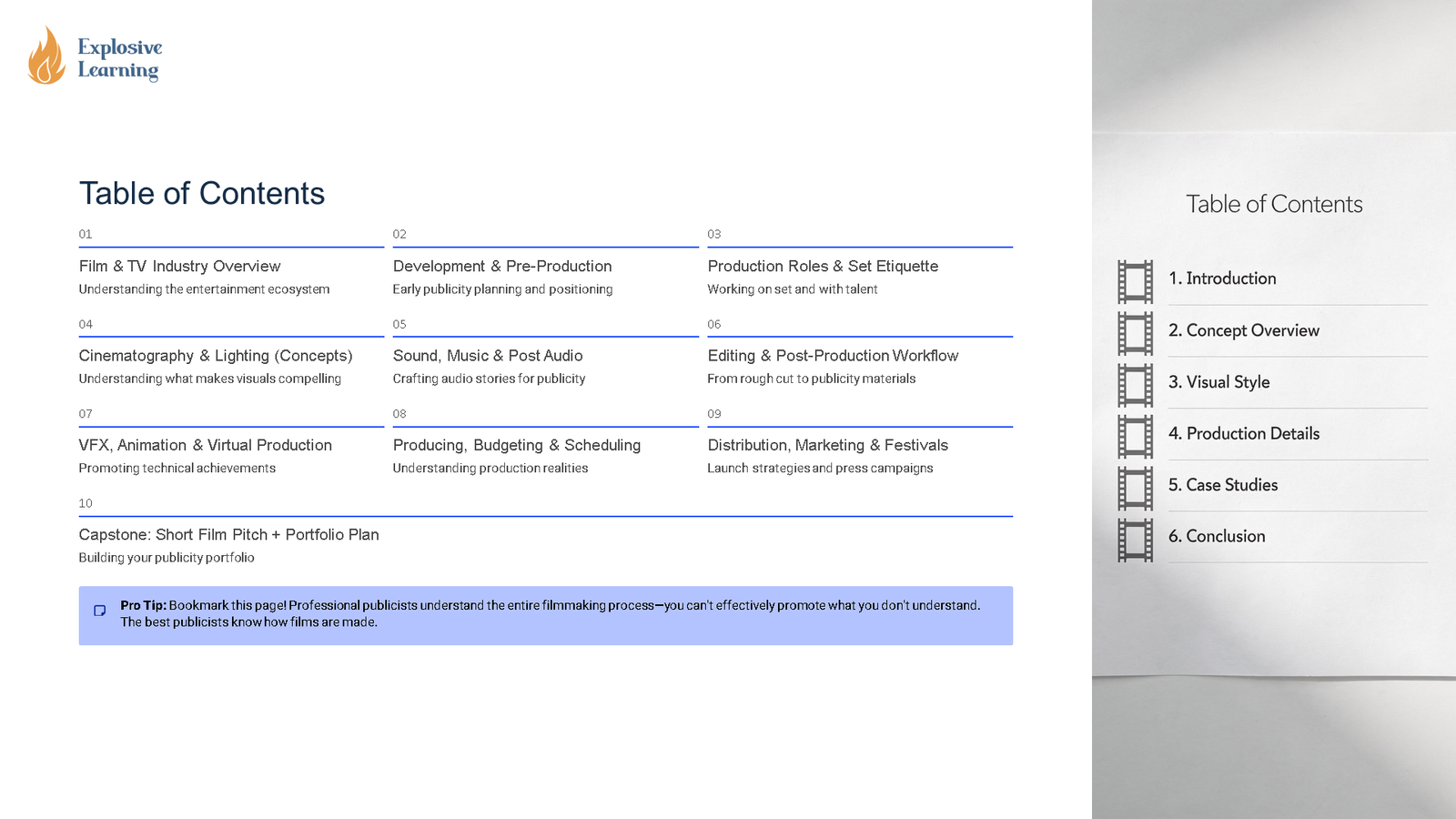 Film production course table of contents slide