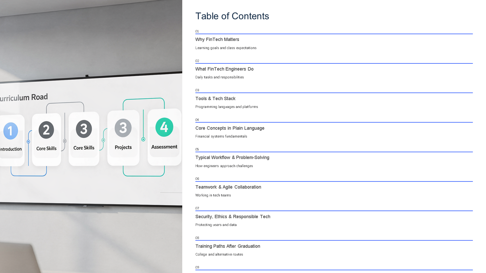 FinTech course table of contents slide