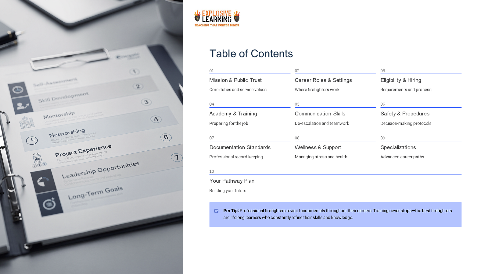 Firefighting career guide table of contents page