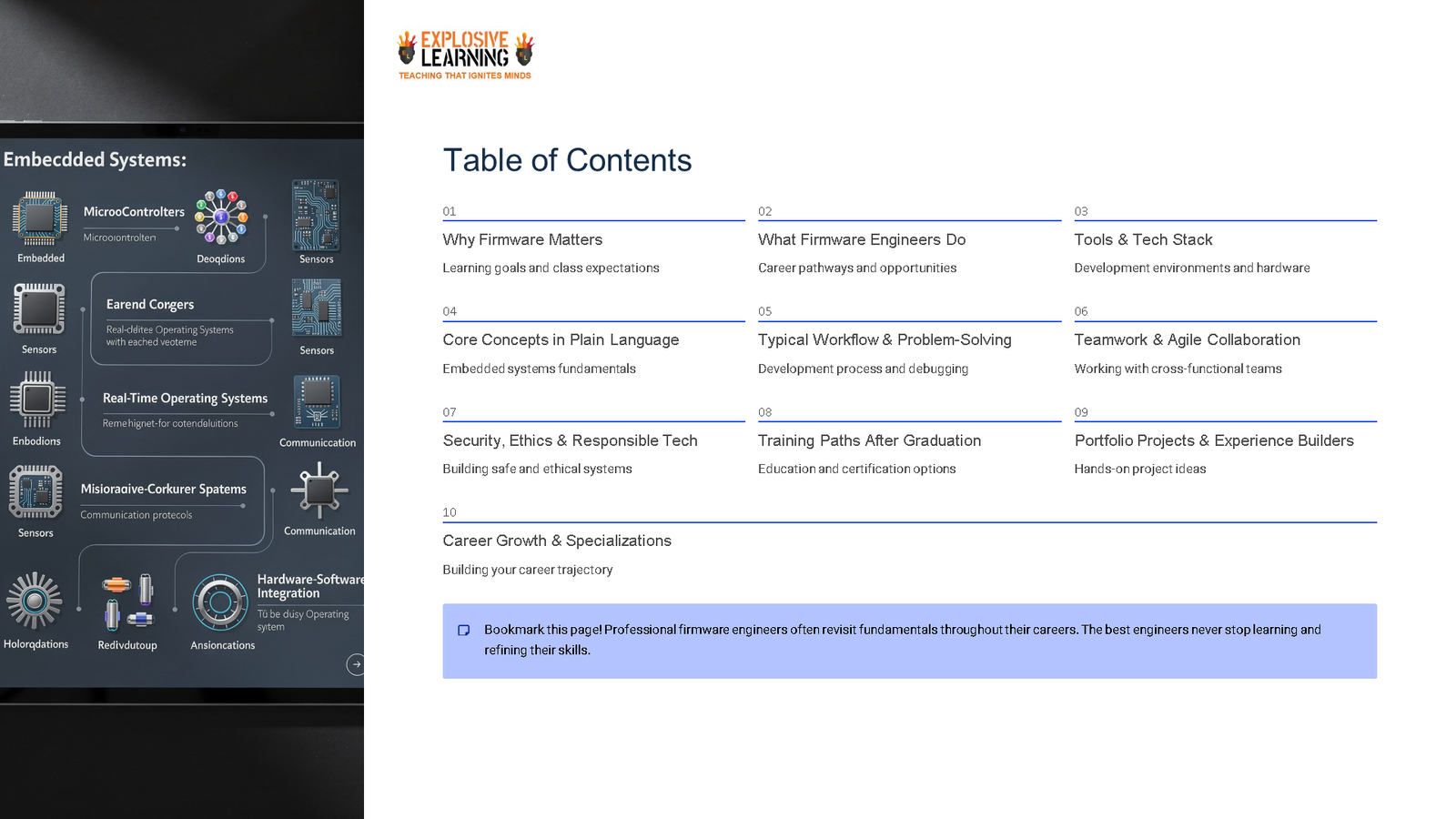 Firmware engineering course table of contents slide