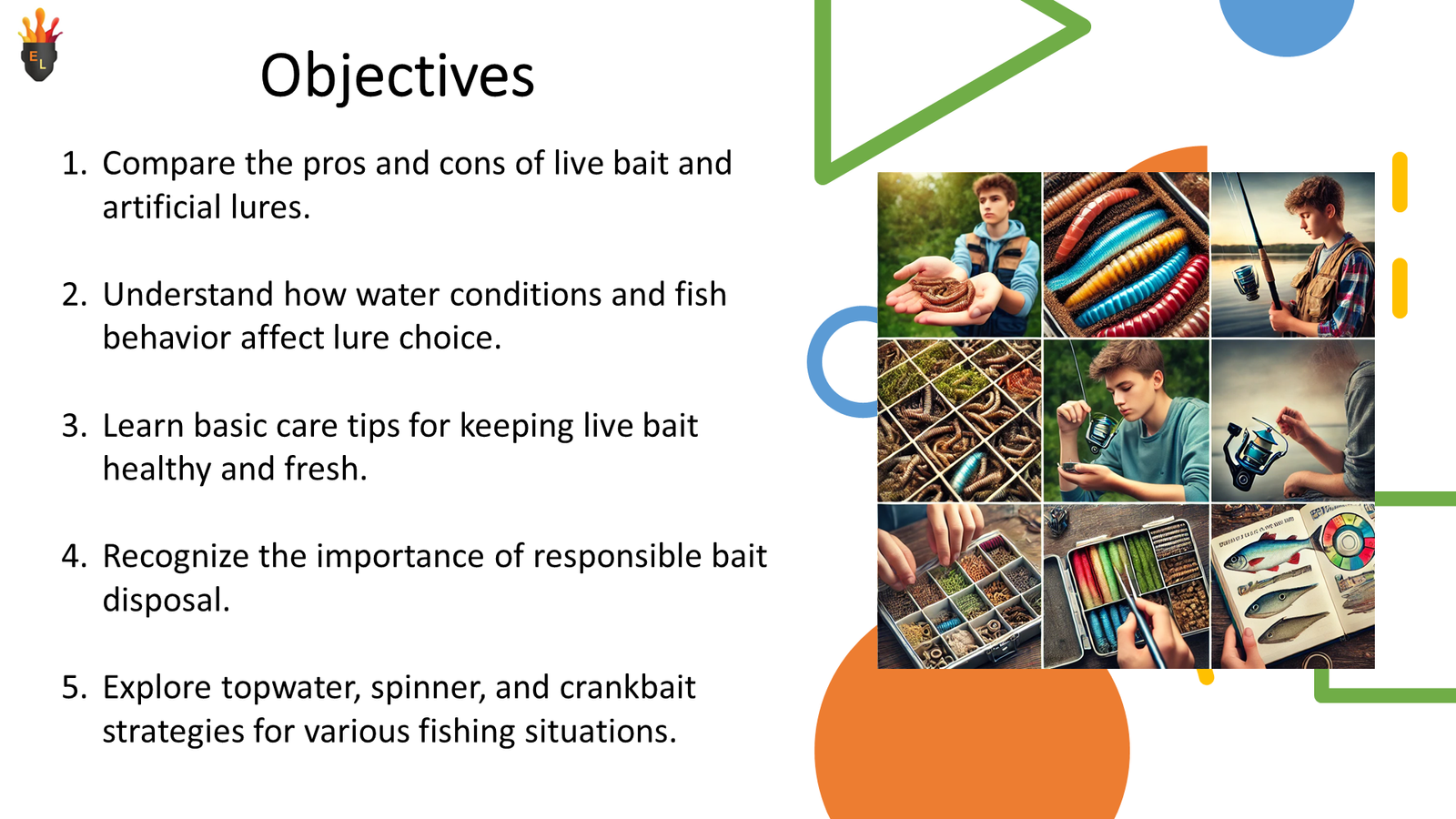 Fishing lesson objectives with bait and lure images
