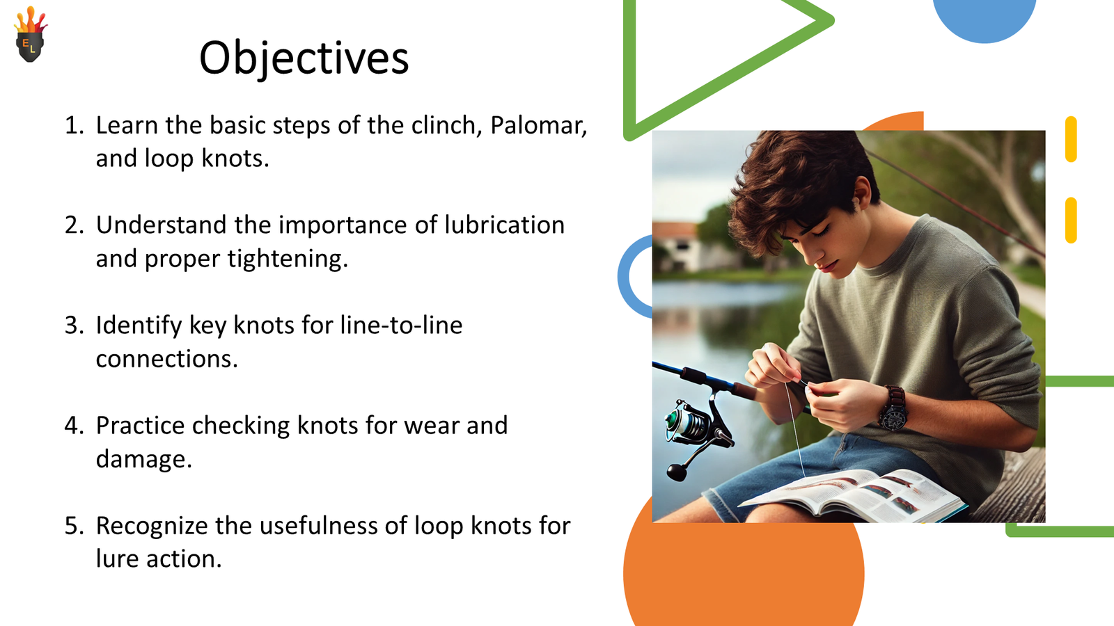 Boy tying fishing line beside lake