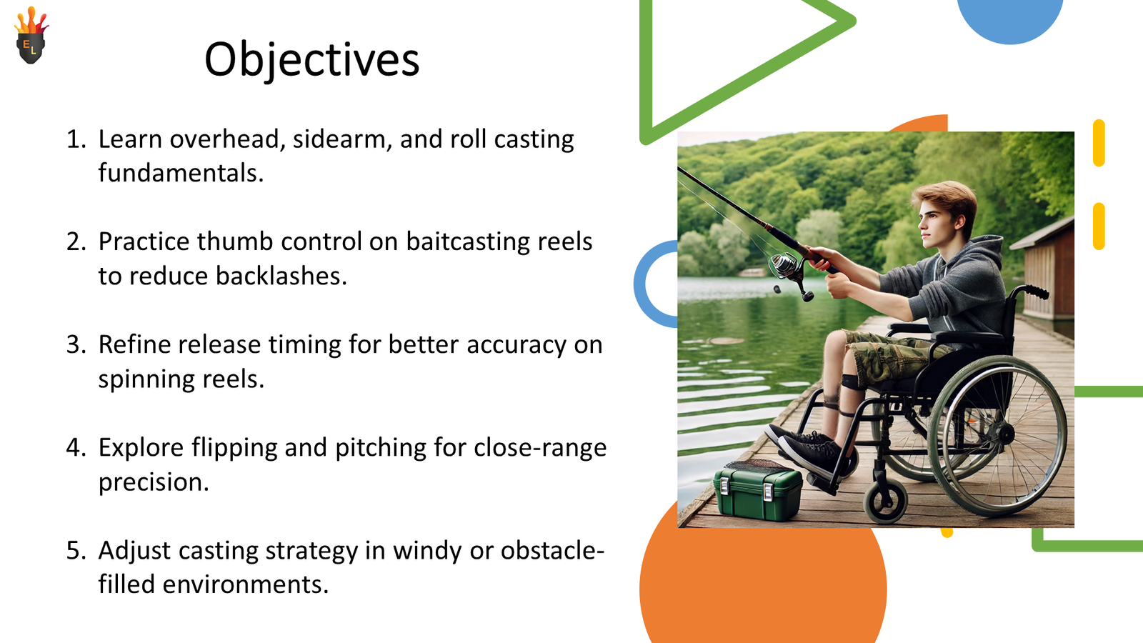 Slide showing fishing objectives and wheelchair user fishing