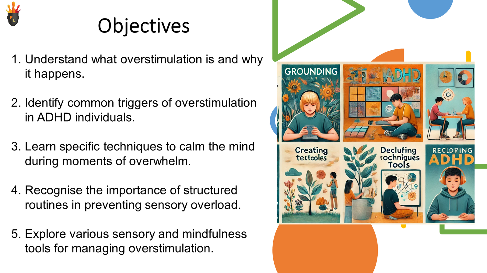 Presentation slide outlining ADHD overstimulation objectives